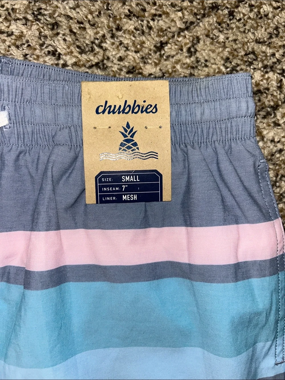 chubbies Navy Swim Shorts with Blue and Pink Stripes